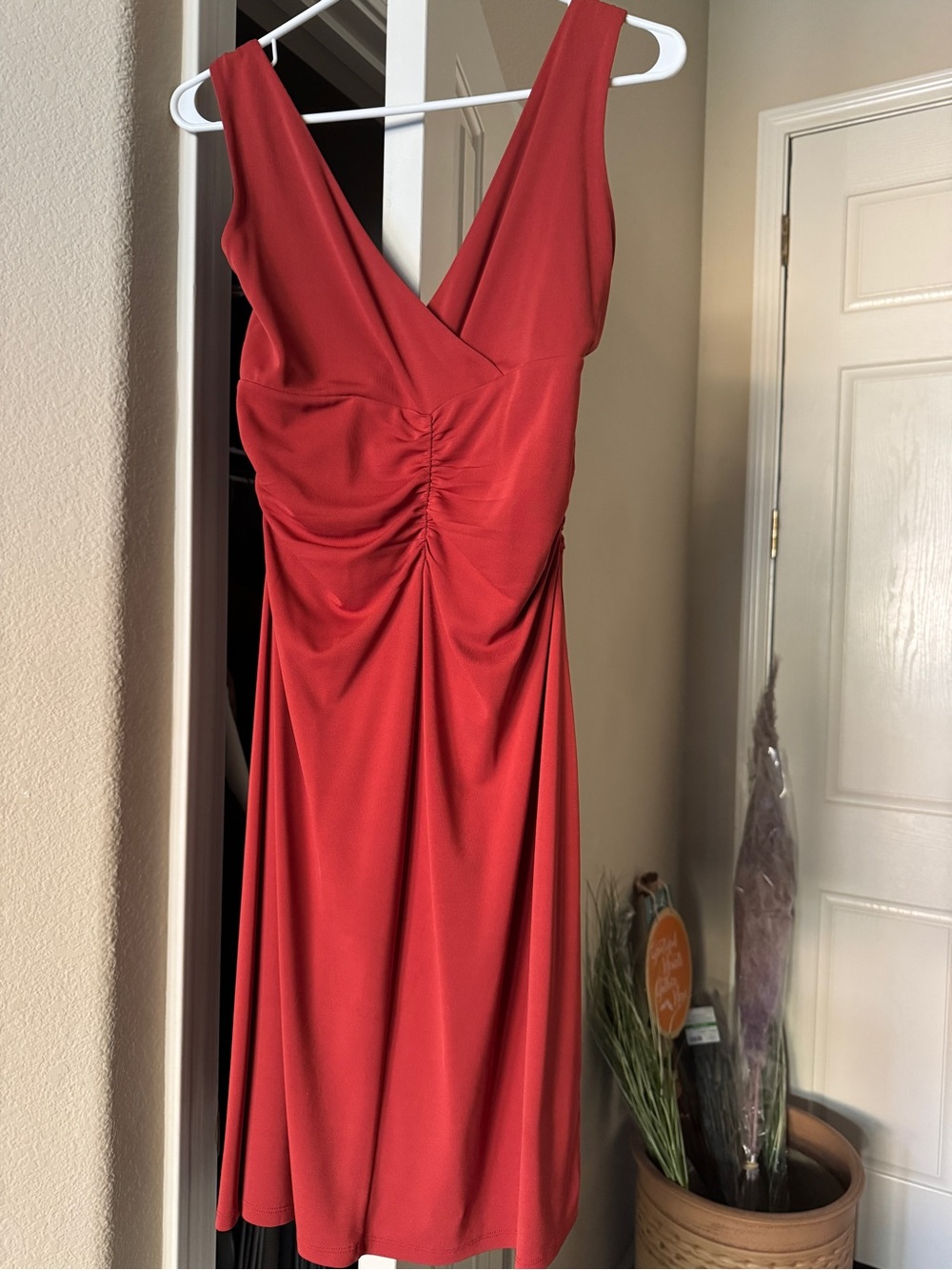 LOFT Sleeveless Ruched V-Neck Midi Dress in Brick Red